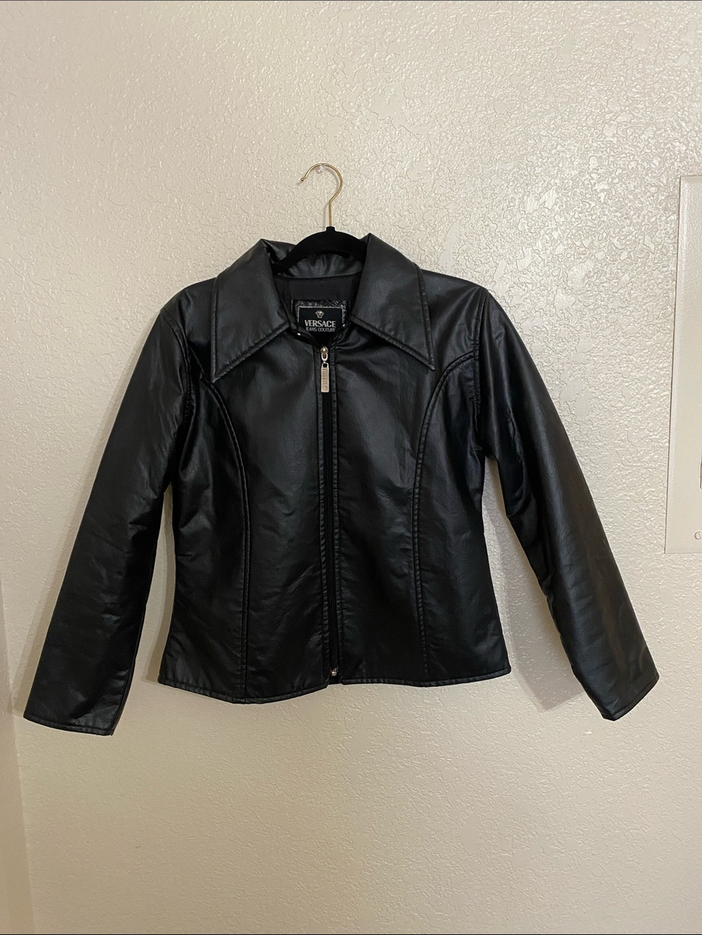 Versace Black Leather Jacket with Embroidered Logo - Picture 7 of 8